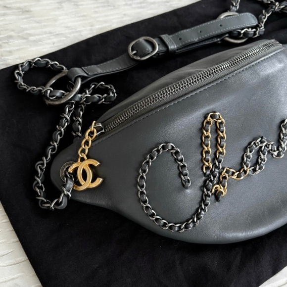 Authentic Chanel Grey Calfskin Leather Three-tone Metal Chain Signs Waist Bag - Picture 4 of 12